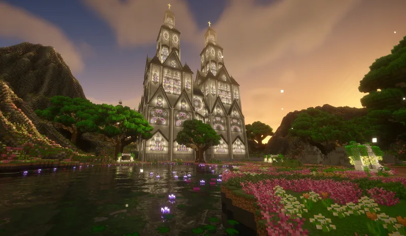 Cathedral in-game view — gothic towers reflected on a lily pond