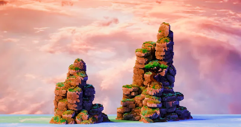Skyborn Isles — floating rock spires above pink clouds